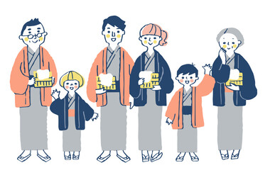 浴衣姿の三世代家族　全身