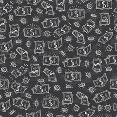 Money rain Vector Seamless pattern. Hand Drawn doodle Dollar Banknotes and Coins