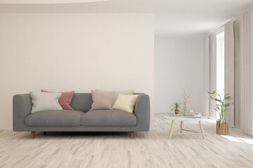 Fototapeta premium White living room with sofa. Scandinavian interior design. 3D illustration