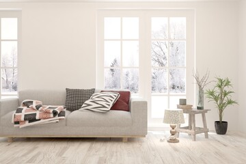 White living room with sofa and winter landscape in window. Scandinavian interior design. 3D illustration