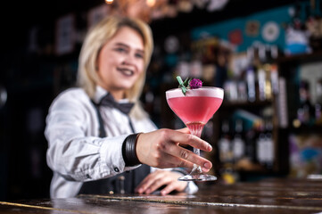 Girl bartender mixes a cocktail in the saloon