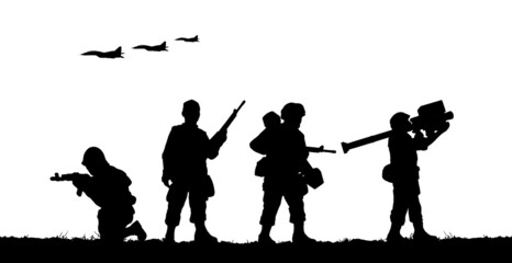Military soldiers with guns in field. Vector silhouette