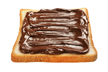Slice of toasted bread with chocolate butter isolated on white.