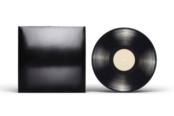 Vinyl LP record with blank black cardboard cover isolated on white.