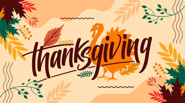 happy thanksgiving banner design with typography, turkey bird and abstract leaves with warm colors background. Vector Illustration