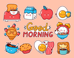 Cute happy breakfast food set collection