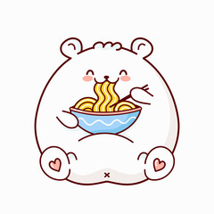 Cute happy funny white bear eat noodle from bowl