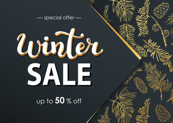 Winter sale vector poster or banner with discount text with golden branches on dark background for shopping promotion. Vector illustration.