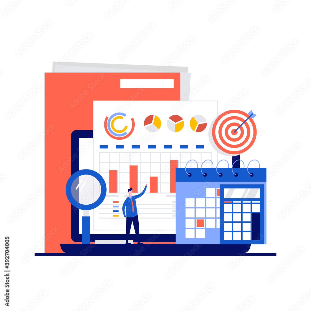 Poster accounting and audit concept with character. documents with charts graphs on the laptop screen, magn