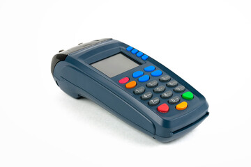 Dark blue payment terminal with multi-colored pins on a white background.