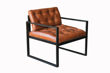 Loft style brown leather armchair on a white background. Interior element