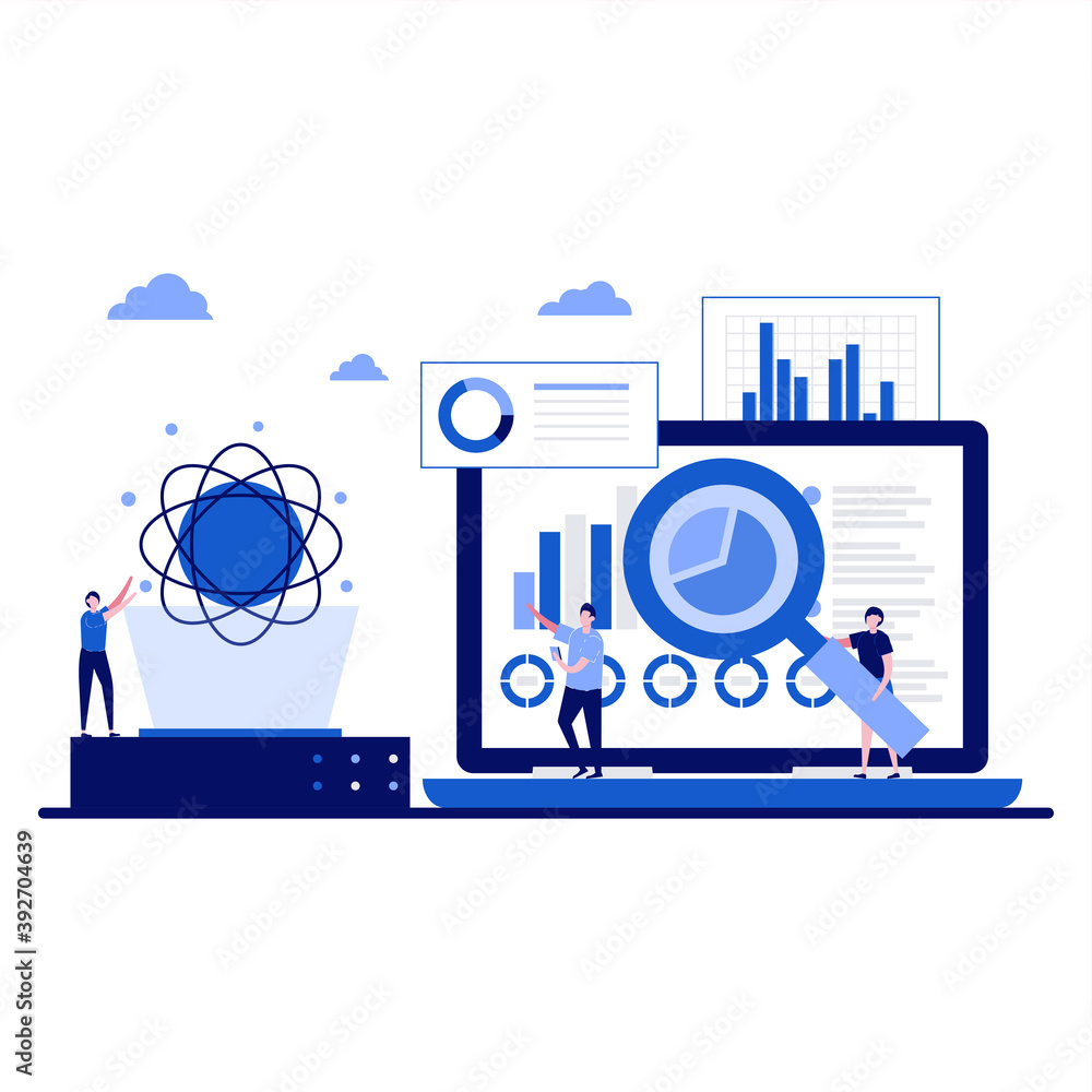 Poster data science concept with character. online data storage technologies. automated web analytics, fina