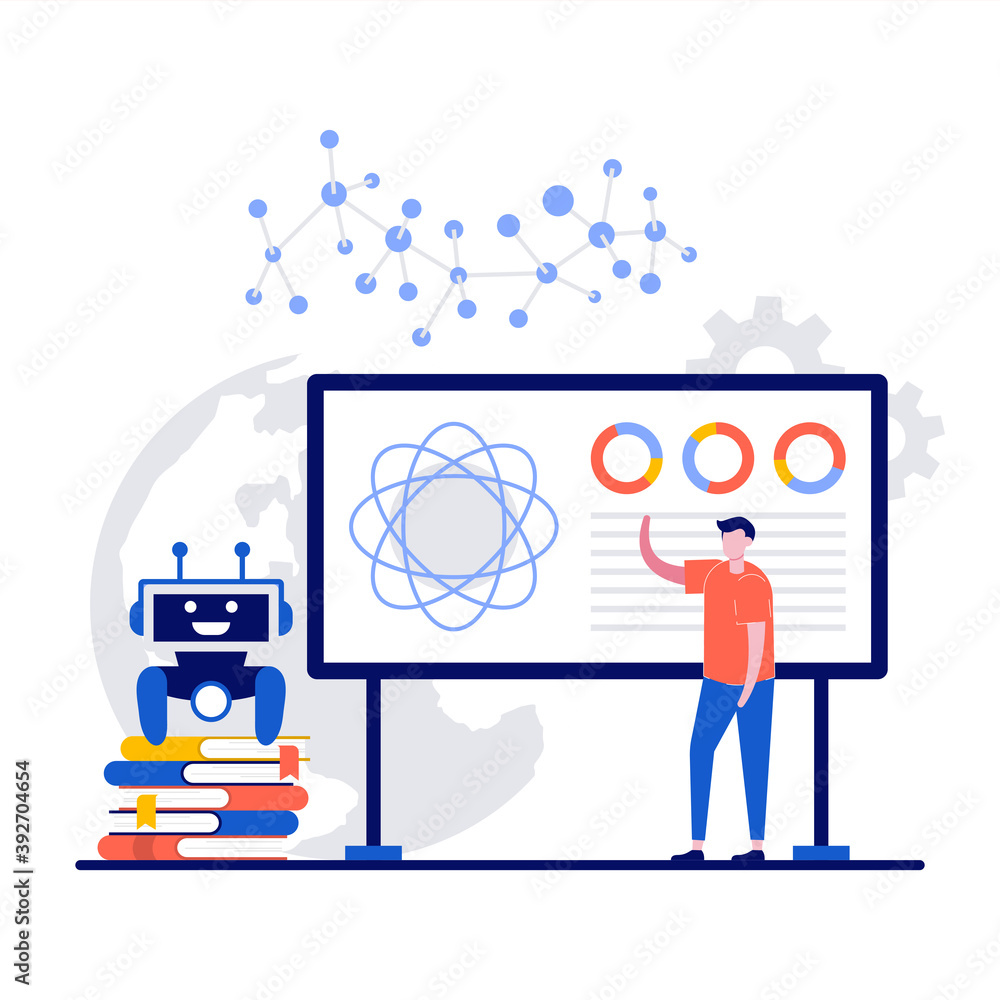 Poster machine learning, artificial intelligence, computer science concepts with character. teacher giving 