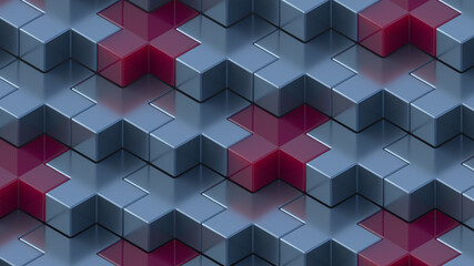 Obraz premium Abstract 3D render. Red and blue medical cross or x or plus. Symbols or signs. Modern pattern illustration. Background wallpaper. Health care poster or banner design. Isometric composition.