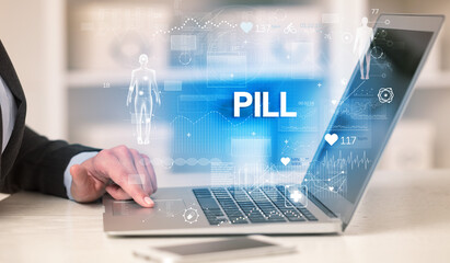 Doctor working a health check with PILL inscription, recording medical test results