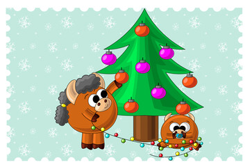 Christmas card with cute cartoon bull baby and garland