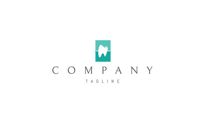 Obraz premium Vector logo on which the abstract image of the silhouette of a tooth in a rectangle.