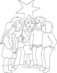 Children sing under the christmas star. Children with a star of Bethlehem sing Christmas carols. Happy boys and girls in winter clothes. The glorification of Jesus Christ on the night before Christmas