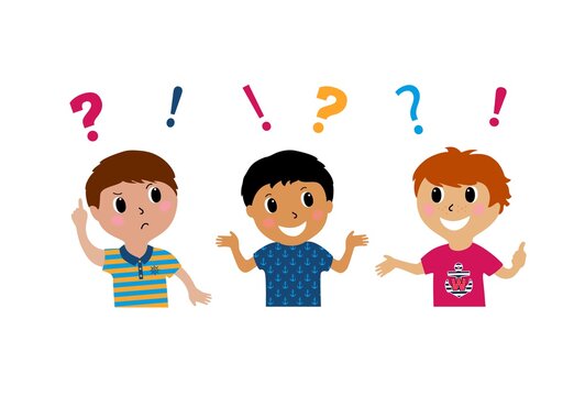 Three boys under question marks and exclamation marks. Brooding children think with question marks and exclamations above their heads. Vector cartoon sketch illustration isolated on white background.