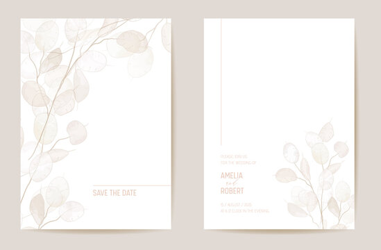 Minimal dried honesty flower invitation card. Wedding boho Save the Date set. Design template of dry flowers