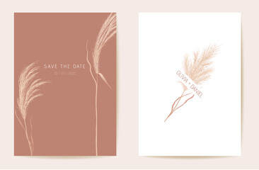 Wedding invitation pampas grass boho card. Autumn watercolor template vector. Botanical Save the Date