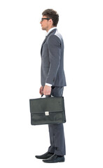 side view . a confident businessman with a leather briefcase