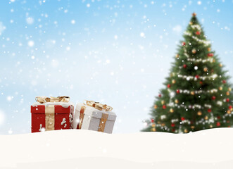 Fototapeta na wymiar Christmas presents snowflakes outdoor snow background 3d-illustration