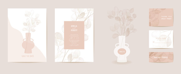 Dried lunaria flower boho invitation vector card. Wedding vintage botanical Save the Date set © wooster