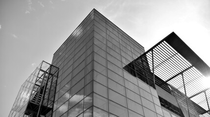 Abstract modern architecture with high contrast black and white tone. Architecture of geometry at glass window - monochrome. Black and white.