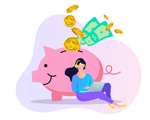 A business woman sitting near a piggy bank. Future needs, loan, education or mortgage credit, savings, financial risk and safety concept. Making money.