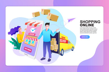 Delivery concept. Man Delivering Online with order from smart phone. Shopping on social networks through phone flat design style. Vector illustration.