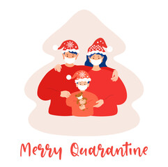 Christmas quarantine. Family mom dad and son hug and celebrate christmas. A family in medical masks. A holiday during a pandemic. Stay home for new year 2021.