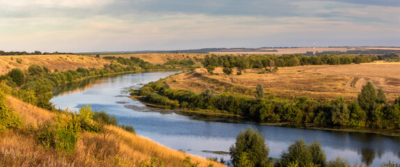 Turn of the Sosna river, panoramic view from the high bank near the village of Chernava, Lipetsk region, Russia 