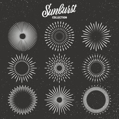 Vintage grunge sunburst collection. Bursting sun rays. Fireworks. Logotype or lettering design element. Radial sunset beams. Vector illustration.
