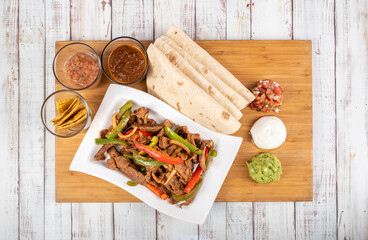 Mexican Food Beef Fajita Top View Shot on a Wooden Table