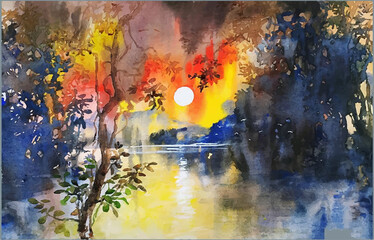 Watercolor abstract background with lake