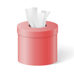 Rounded red box with paper napkins, tissues or handkerchiefs. Realistic mockup on white background
