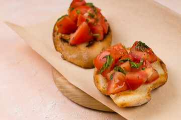 Fresh tomato bruschetta. Italian appetizer with basil and spices