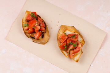 Fresh tomato bruschetta. Italian appetizer with basil and spices