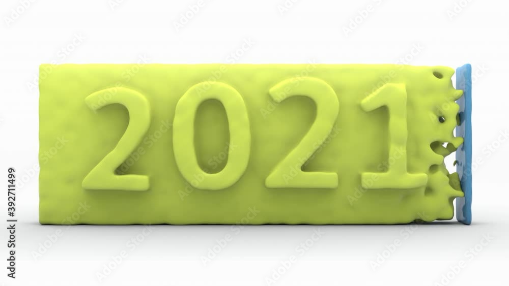 Poster 3d animation of a blue block with the date 2020. the blue block changes to yellow with the date 2021