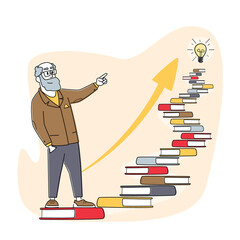 Self Development, Developing Mental Issues, Ladder to Success. Male Character Climb at Books Stairs with Bulb on Top.