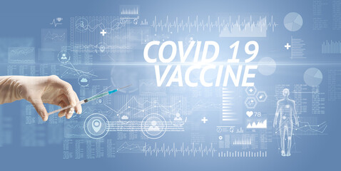 Syringe needle with virus vaccine and COVID 19 VACCINE inscription, antidote concept