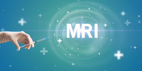 Syringe needle with virus vaccine and MRI abbreviation, antidote concept