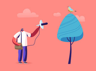 Birding, Professional Ornithology Concept. Ornithologist Male Character Using Special Equipment for Listening Birds