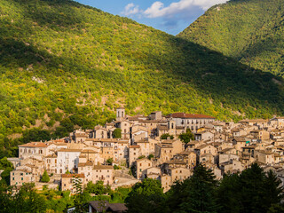 Impressive view of the mediaeval village of Scanno, nestled in the mountains of the Abruzzo National Park, central Italy
