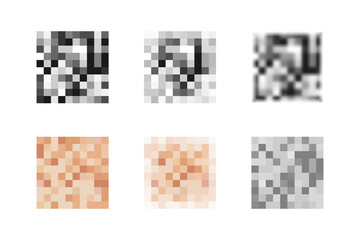 Collection of pixel censor blur effect textures. Skin color, gray, black blurred censorship icons. Vector illustration of blurred mosaic textures for nudity, sensitive or adult content coverage