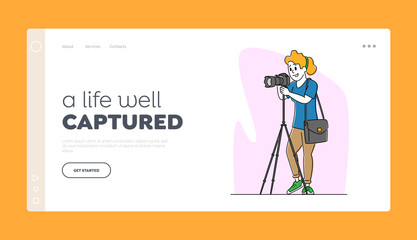 Photography Landing Page Template. Professional Female Photographer with Photo Camera on Tripod Making Pictures