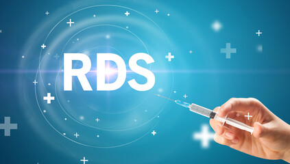 Syringe needle with virus vaccine and RDS abbreviation, antidote concept