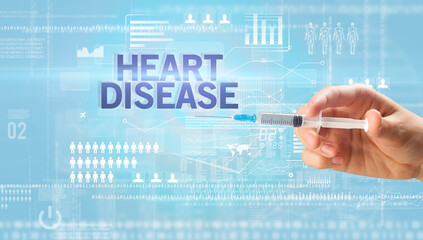 Close-up view of doctor's hand in a white glove holding syringe with HEART DISEASE inscription, healthcare and medical concept