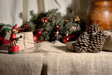 gifts, boxes and ornaments in an artistic Christmas setting